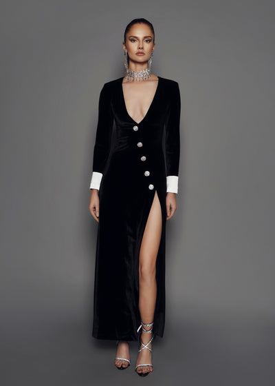 Black Velvet Crystal High Slit Maxi Dress