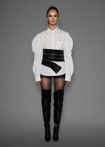 Leather Belted Puffy Sleeve Shirt