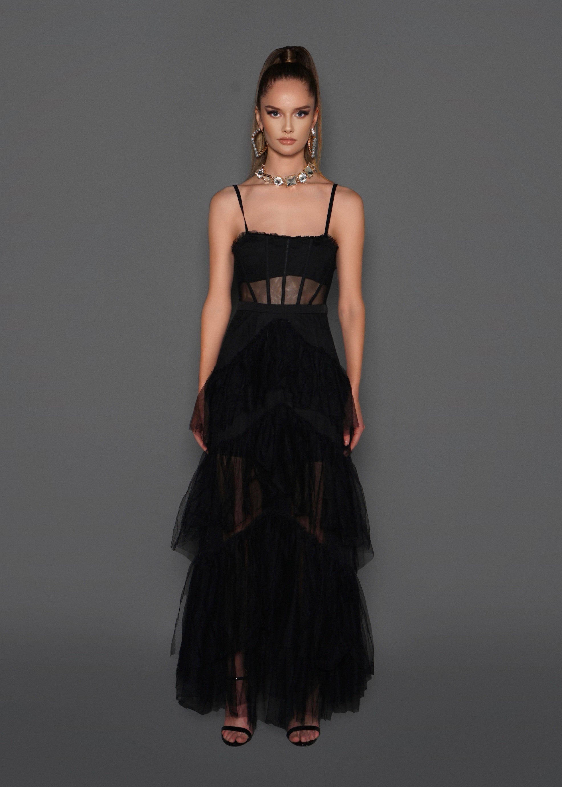Black Corset Tulle Dress Black Tulle Maxi Dress