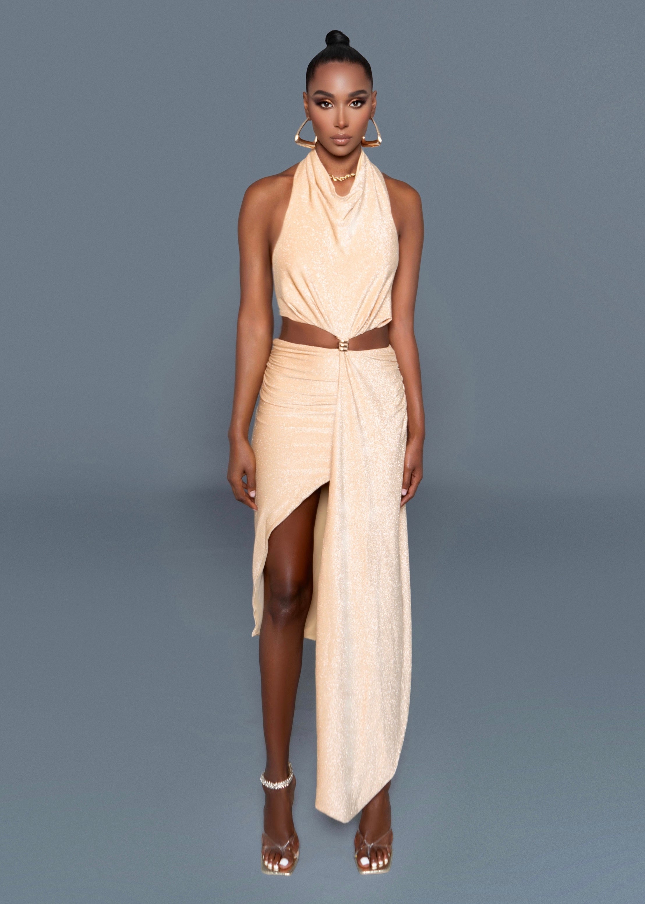 Gold Draped Cutout Dress M