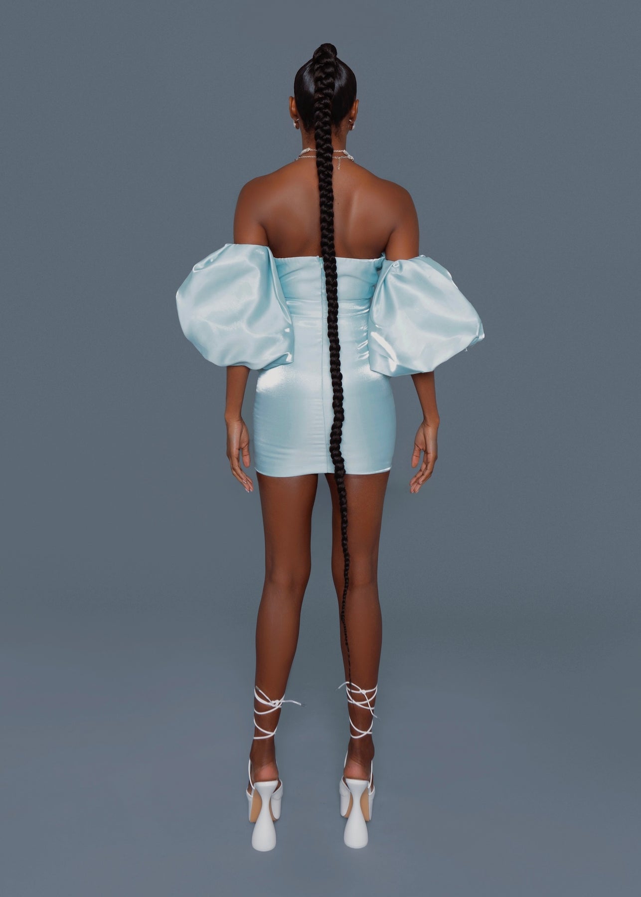 Blue Satin Puff Sleeves Mini Dress GUILTY OF GLAM Blue Satin Puff Sleeves Mini Dress GUILTY OF GLAM