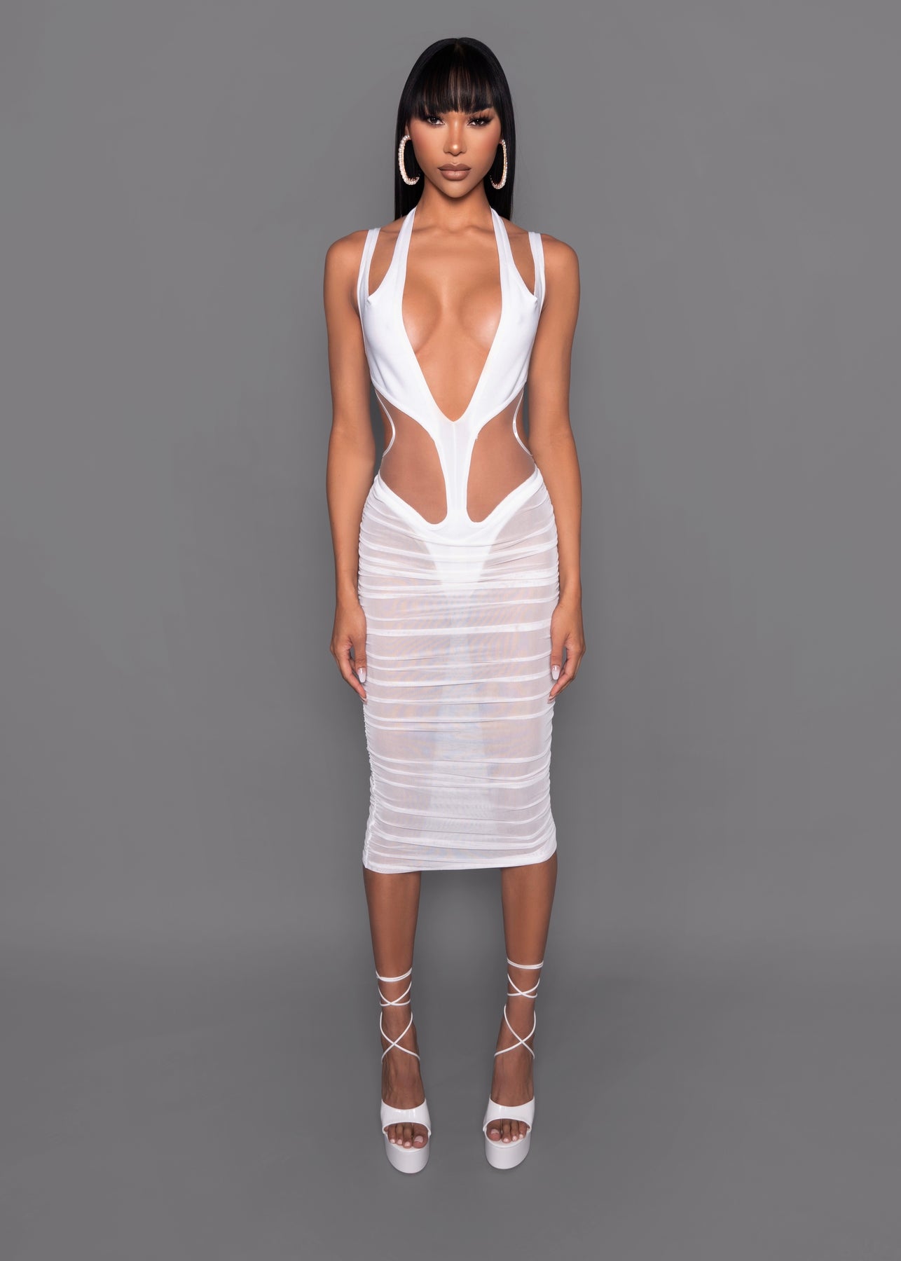 White Extreme Cutout Sheer Bandage Dress GUILTY OF GLAM White Extreme Cutout Sheer Bandage Dress GUILTY OF GLAM