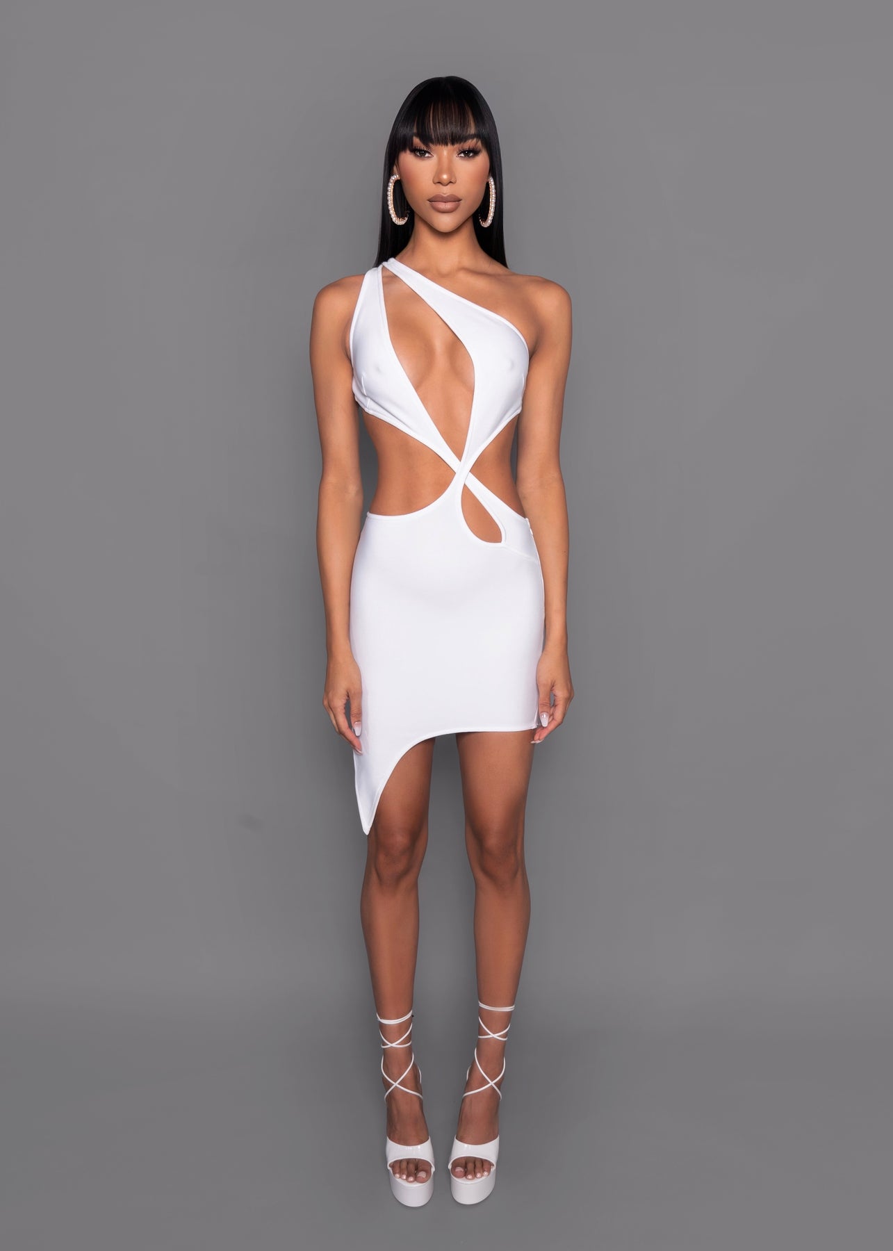 White One Shoulder Cutout Mini Bandage Dress L