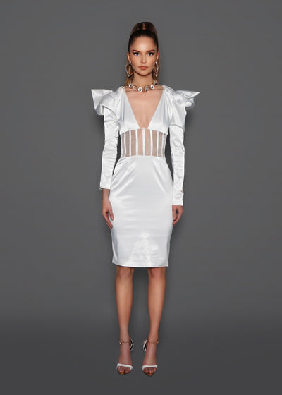 White Satin Sheer Panel Midi Dress