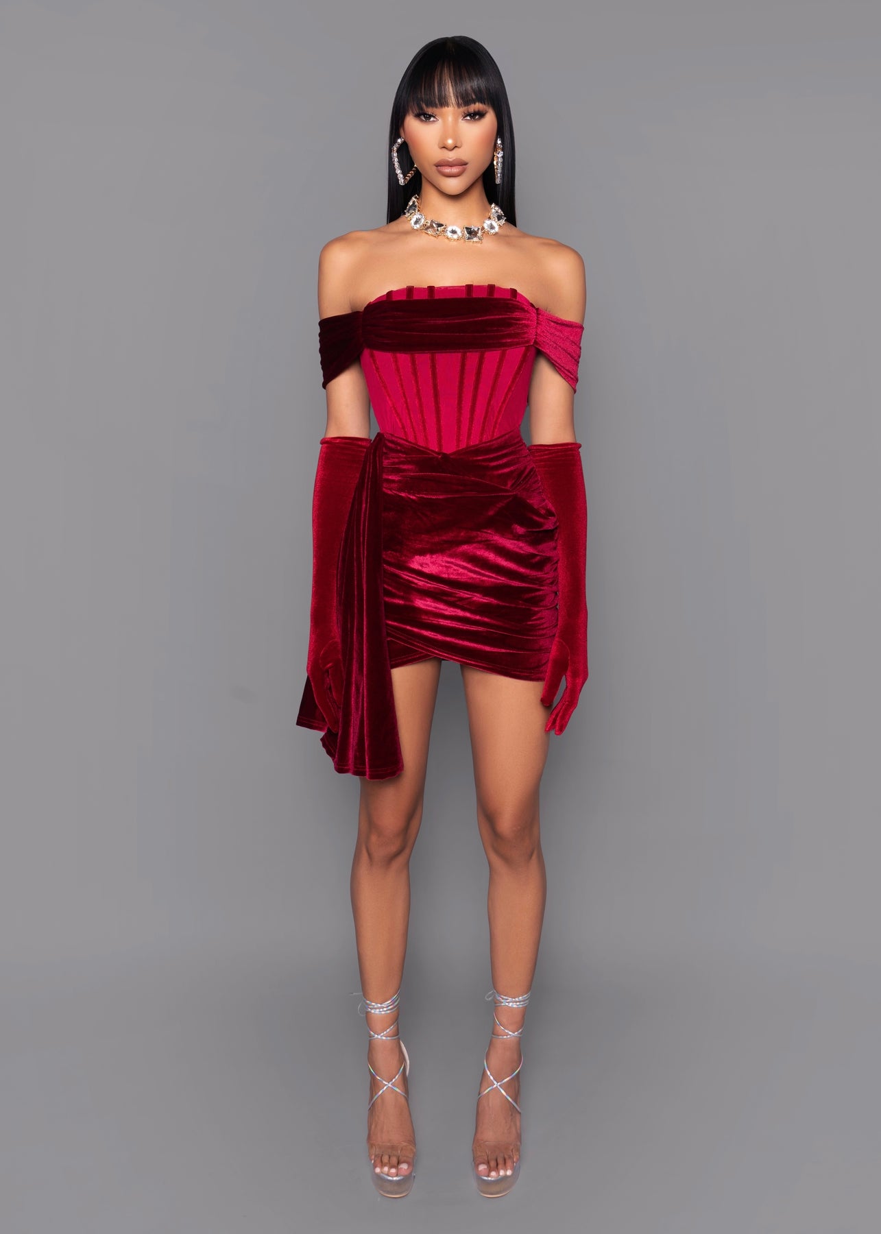 Red Velvet Draped Corset Mini Dress