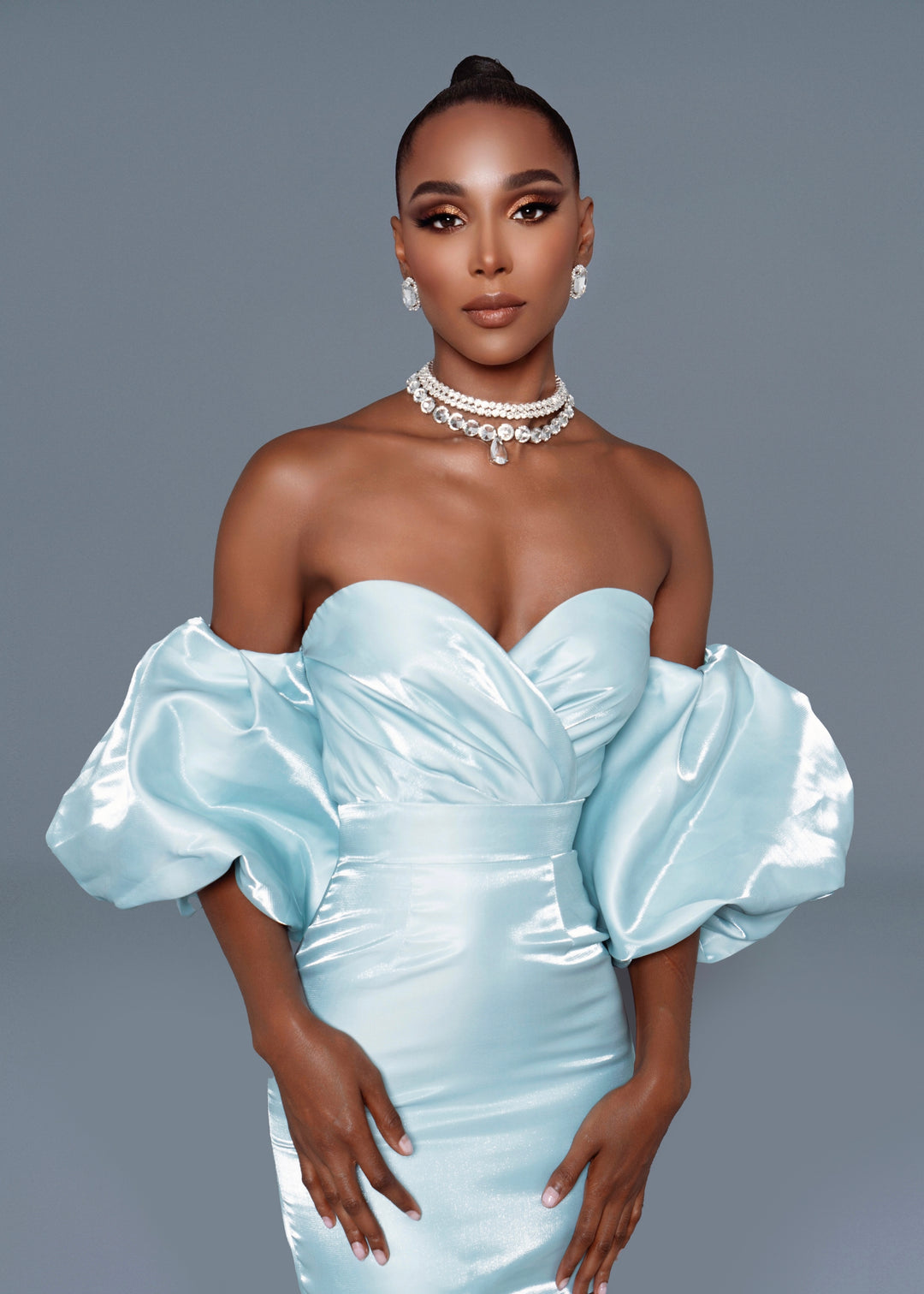 Blue Satin Puff Sleeves Mini Dress GUILTY OF GLAM Blue Satin Puff Sleeves Mini Dress GUILTY OF GLAM