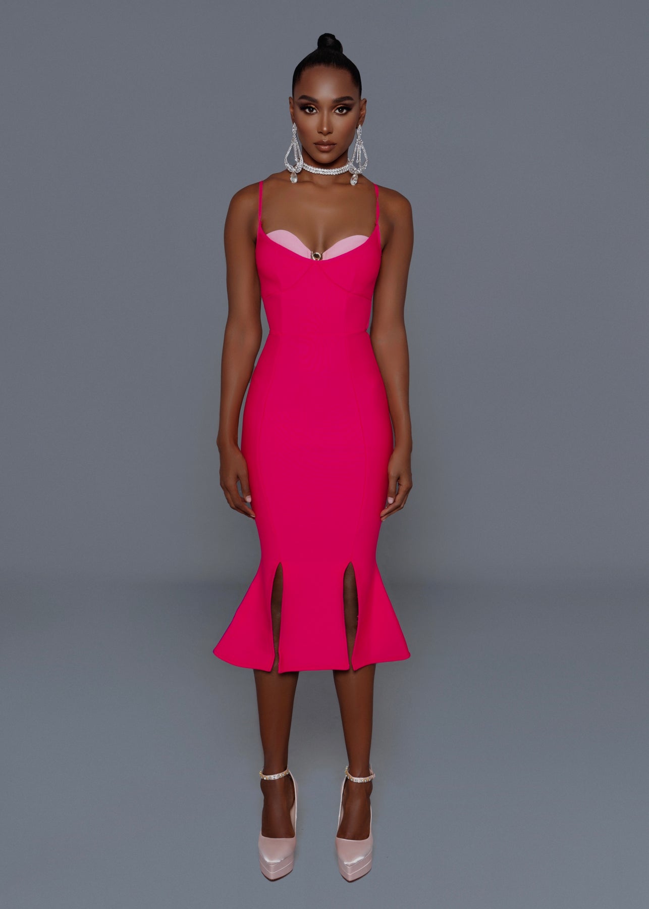 pink bandage dress Pink Midi Bandage Dress L