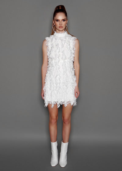 White Ruffled Lace Mini Dress
