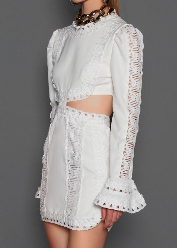 White Lace Appliqué Cutout Mini Dress L