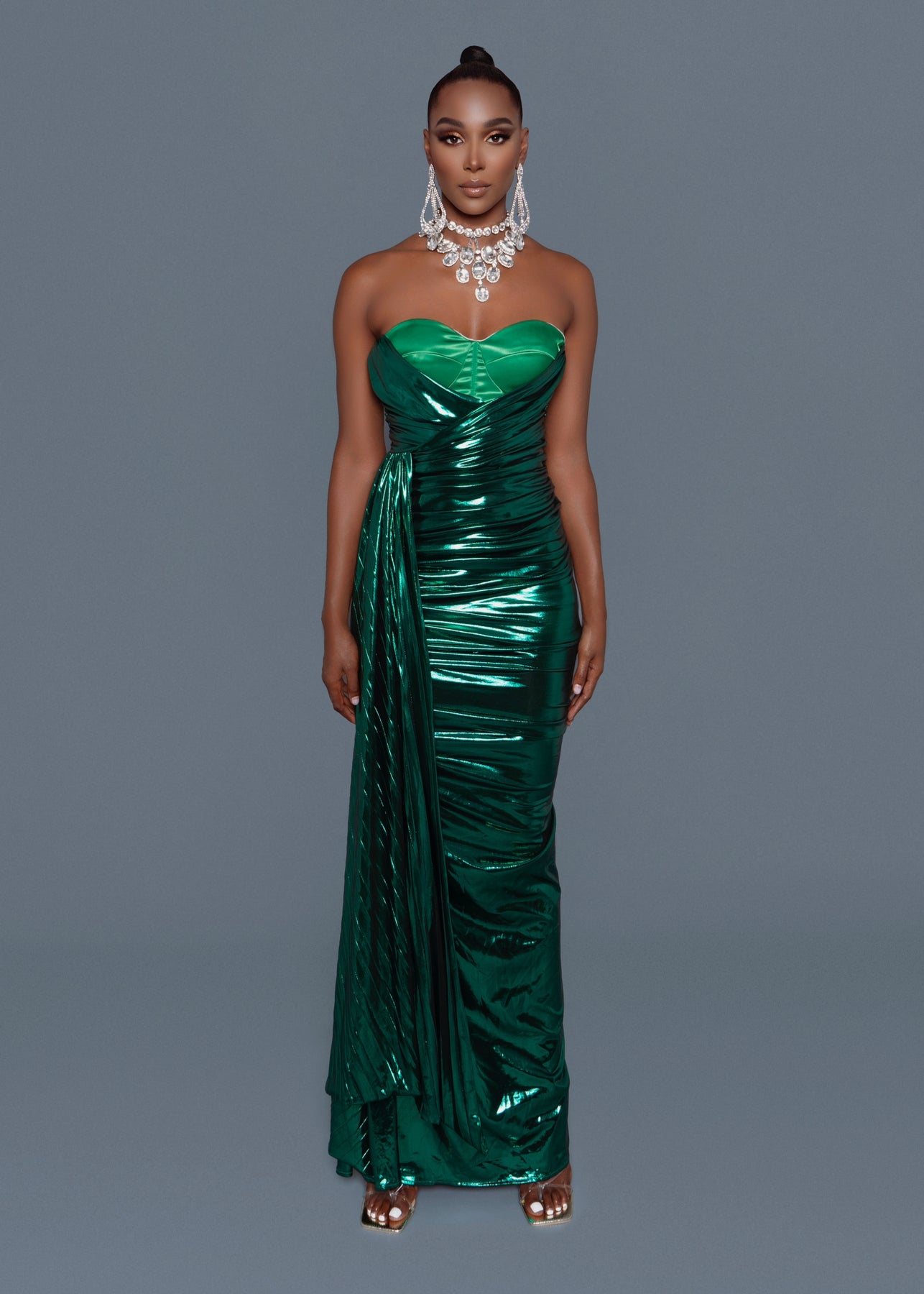 ruched emerald green dress Dryope Emerald Green Plunge Neck Ruched Maxi Dress, S / Green